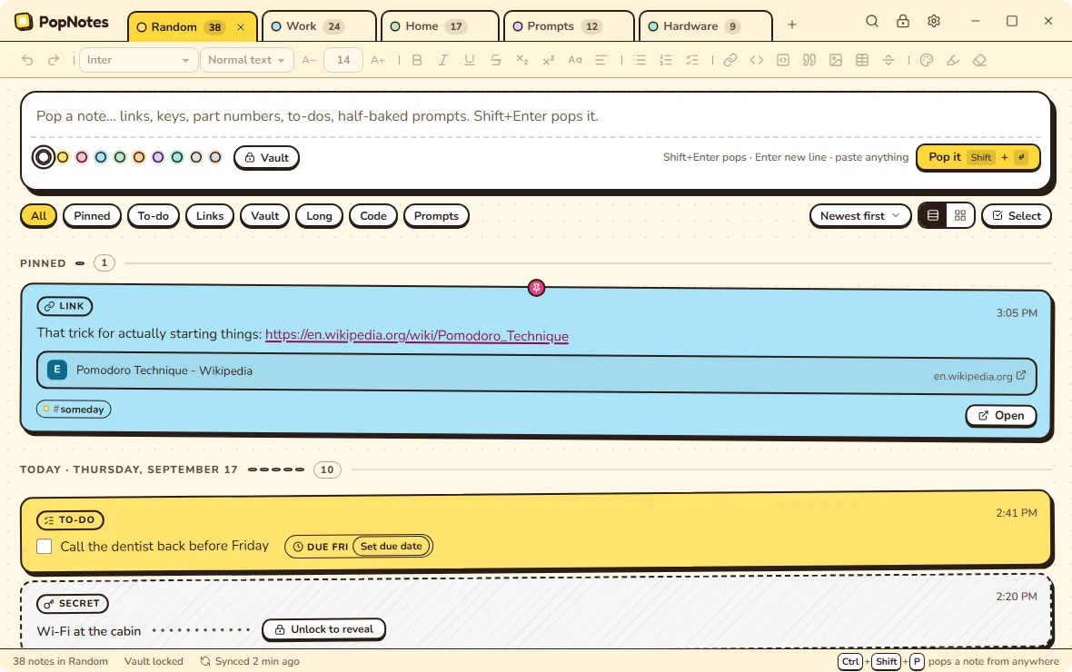 The PopNotes main window in the Jotter theme: stack tabs across the top, a capture box, and pastel notes with bold outlines for a to-do, a link, a masked Wi-Fi key and a tracking number.