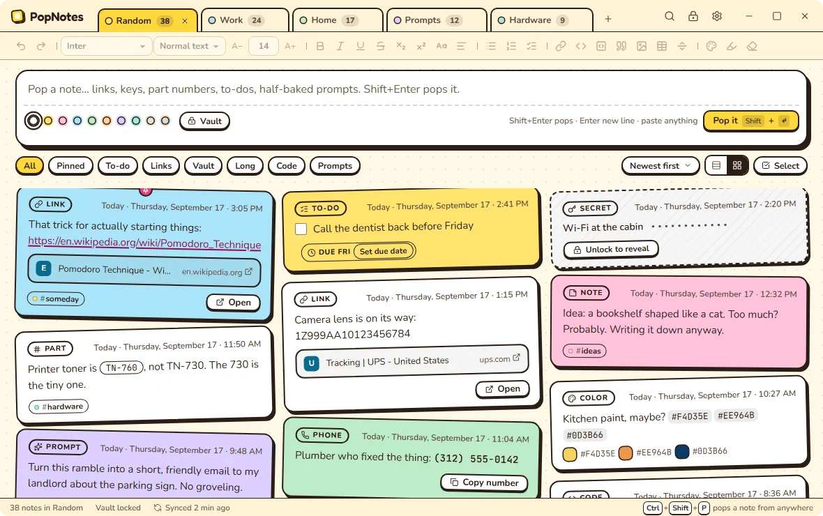 PopNotes in grid view with the Jotter theme: pastel sticker notes in three columns, each leaning a little.